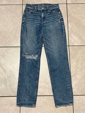 American Eagle Outfitters Super High Rise Straight Blue Distressed Jeans
